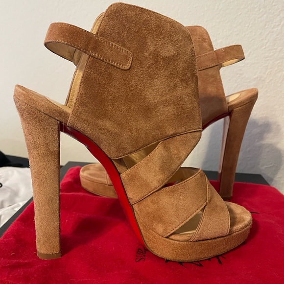 Louboutin brown suede sandal ankle wrap bootie 37.5 - Picture 12 of 15